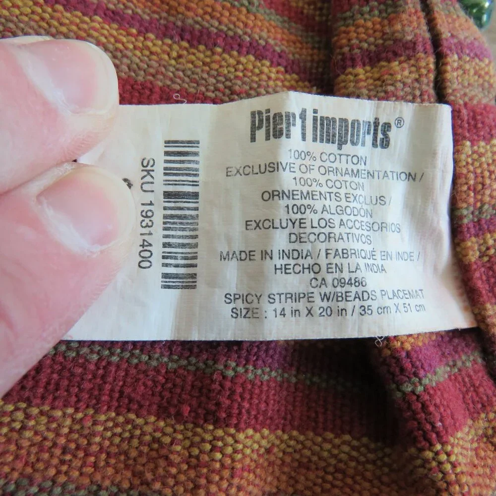VINTAGE PIER 1 IMPORTS Cotton Woven Multicolor Stripe Beaded Placemats Boho X6